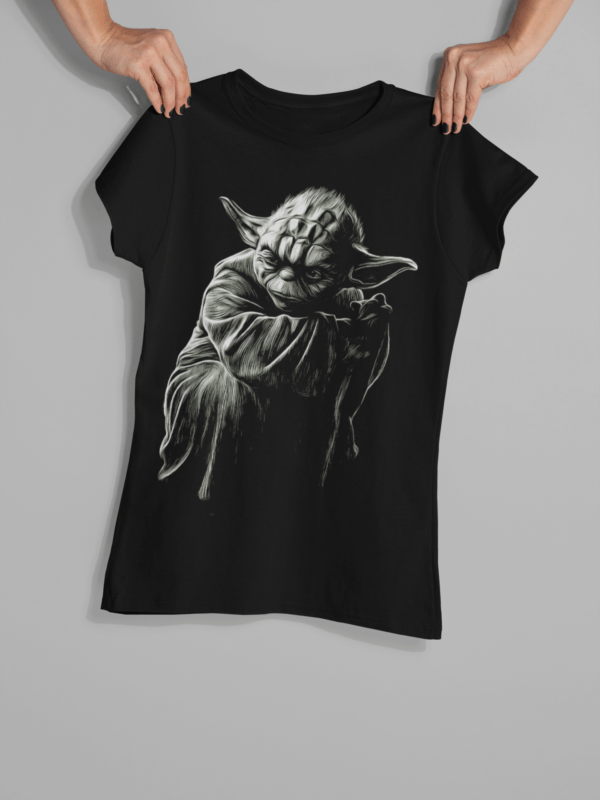 Starwars Yoda Tribute Portrait Print on Women's Black T-Shirt